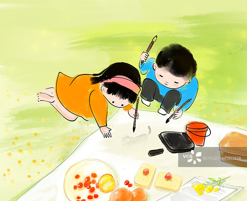 小学生写字画画俩在公园里玩玩具图片素材