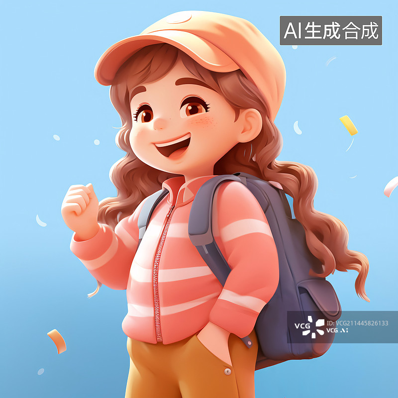 【AI数字艺术】背书包的小女孩，学生阅读日学习3D渲染图片素材