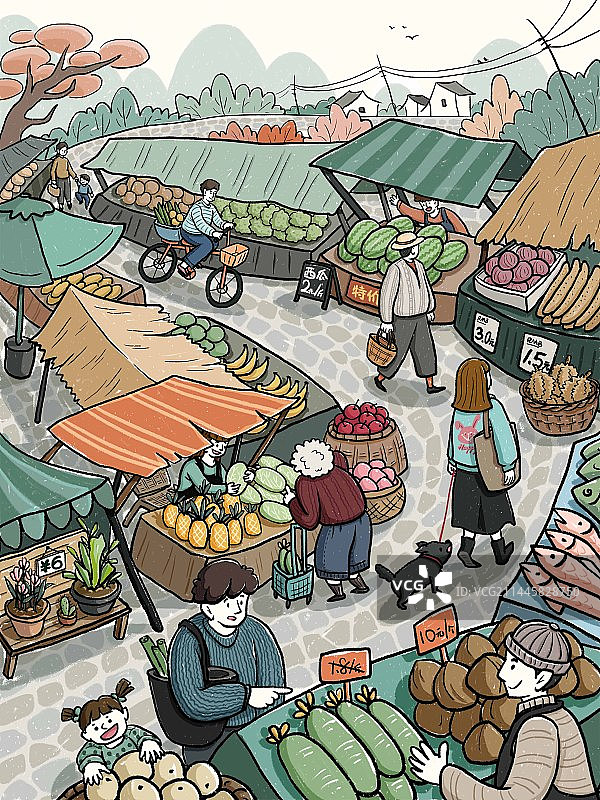 热闹赶集市菜市场摆摊卖买菜买卖水果市集图片素材