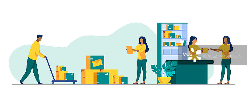 邮递员在邮局向顾客交付包裹图片素材