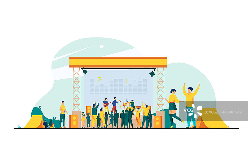 快乐的人们在摇滚音乐会上玩耍扁平风格图片素材