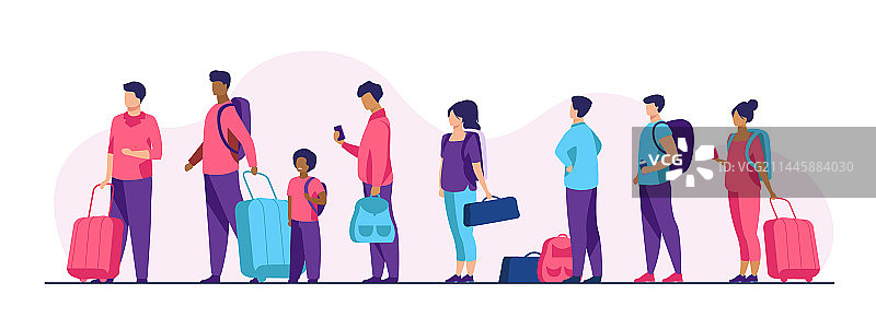 携带行李排队的一群游客图片素材