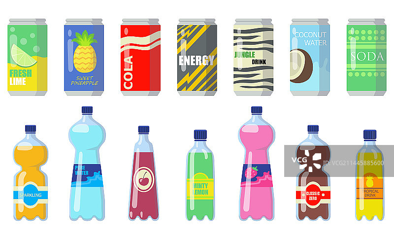 金属罐和塑料瓶装的各种饮品图片素材