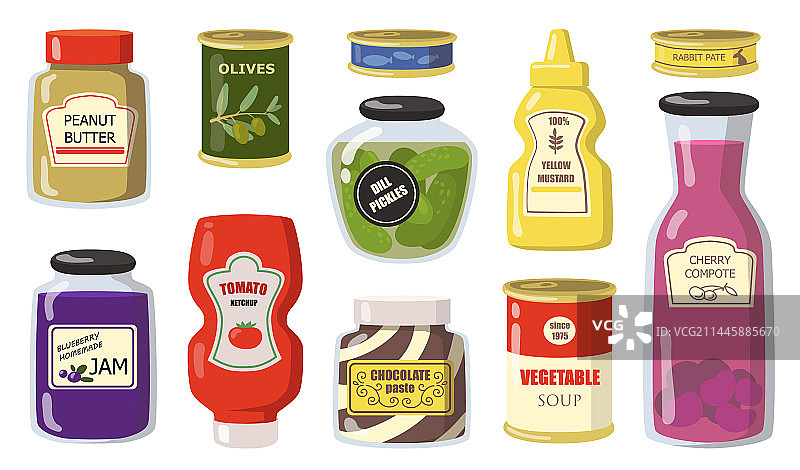 超市中的各种罐头食品扁平图标图片素材