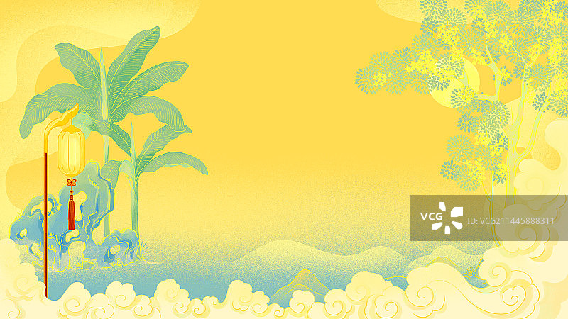 中秋节桂花树芭蕉树灯笼假山祥云背景插画图片素材