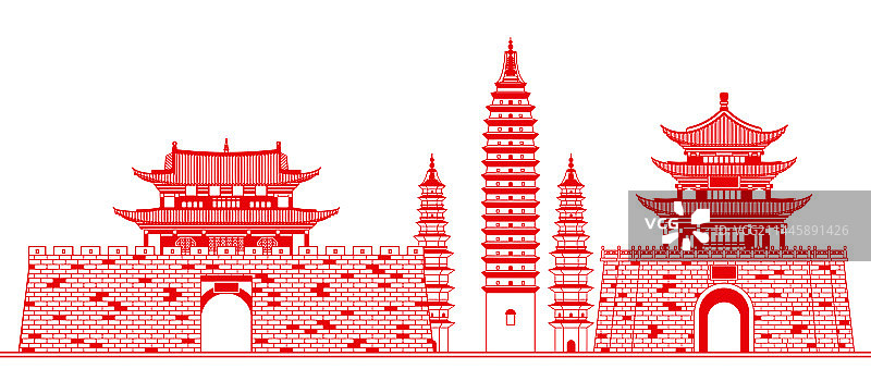 剪纸云南大理古城建筑插画图片素材