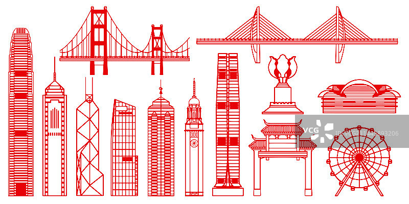 剪纸中国香港建筑群插画图片素材