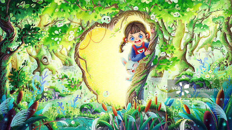 奇幻水上森林清新可爱儿童插画图片素材