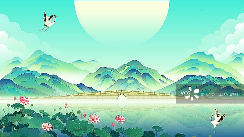 国潮山水西湖矢量插画图片素材