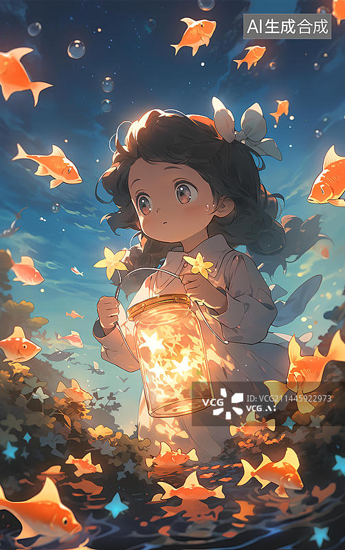 【AI数字艺术】女孩金鱼治愈插画壁纸图片素材