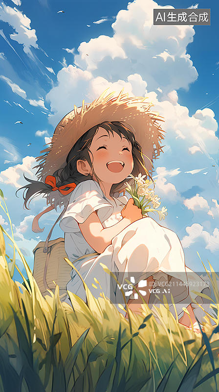 【AI数字艺术】女孩坐在草地上开心的笑容壁纸图片素材