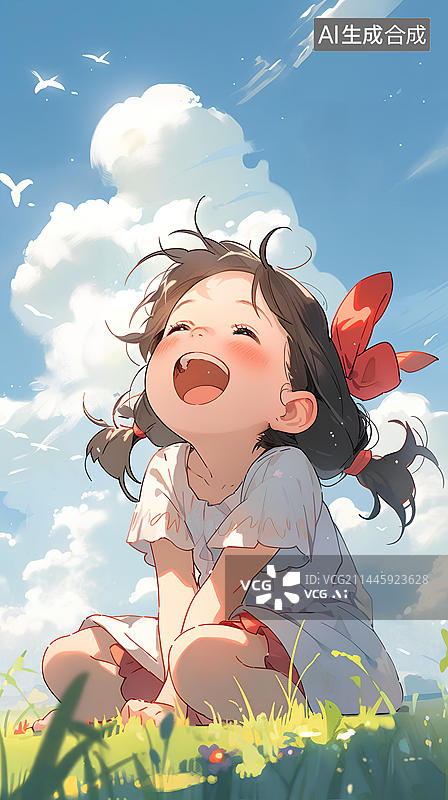 【AI数字艺术】女孩在草地上开心的玩耍壁纸图片素材