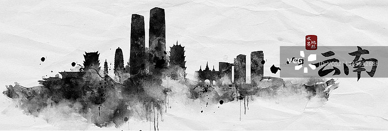 云南水墨地标建筑中国风城市背景图片素材