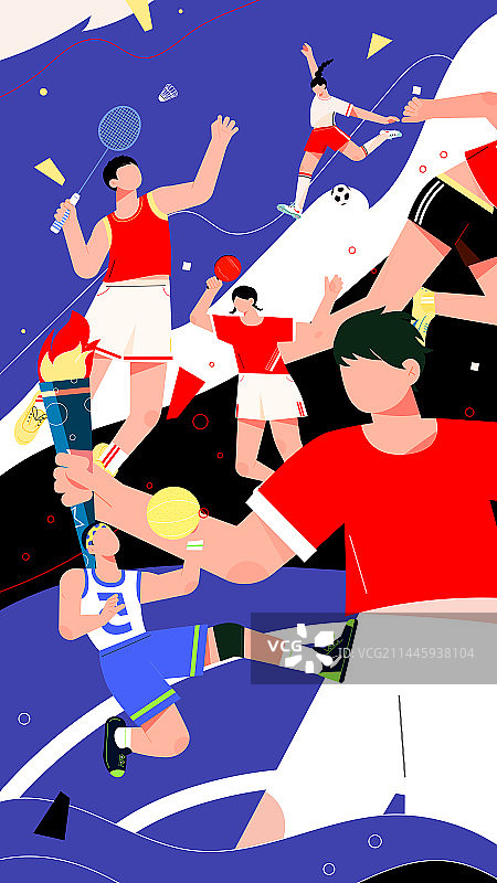 运动会多个比赛项目运动员矢量插画竖图图片素材
