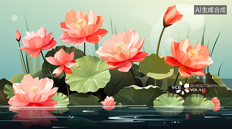 【AI数字艺术】水彩风格夏日荷塘荷花残荷插画背景图图片素材