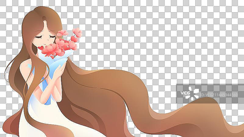 捧着花束轻嗅芳香的少女，卡通手绘素材图片素材