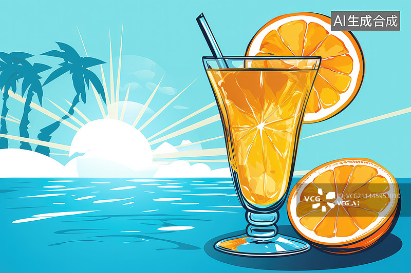【AI数字艺术】海边的橙汁饮料图片素材