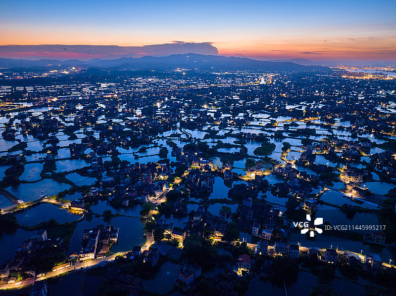 江门市鹤山市古劳水乡夜景、桑基鱼塘、美丽乡村图片素材