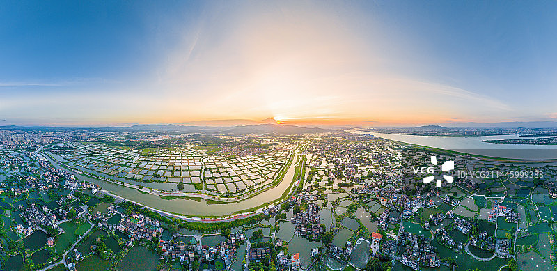 广东省江门鹤山市古劳水乡全景、桑基鱼塘、夕阳映照水乡、美丽乡村图片素材
