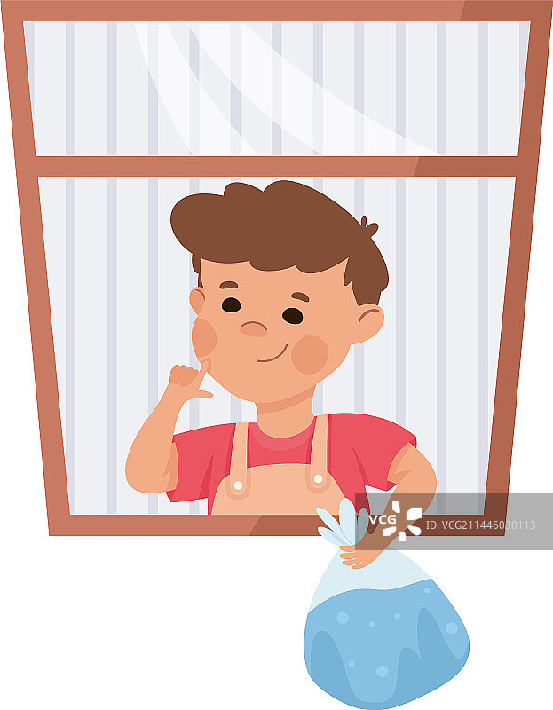 从窗户扔水袋的淘气小男孩图片素材