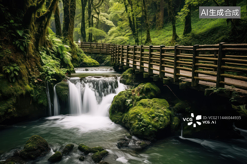 【AI数字艺术】森林中的瀑布与栈道图片素材