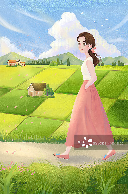 夏天，女生一个人走在乡间的小路上手绘插画图片素材