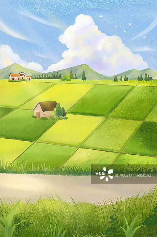 晴朗天空下，清新唯美的田园风光插画竖图图片素材