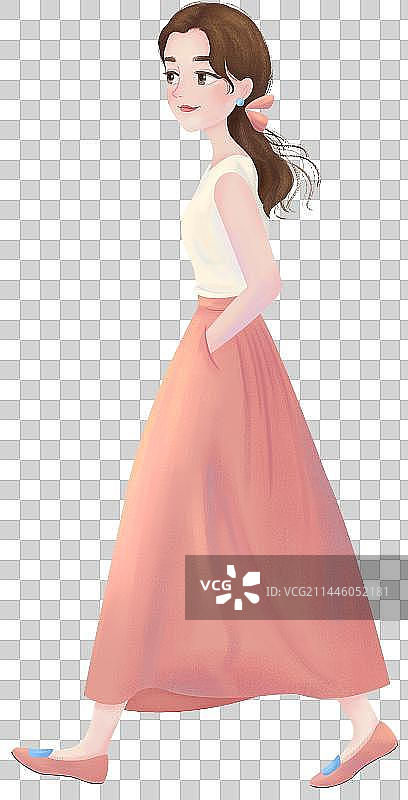 穿粉色长裙正在散步的女生图片素材