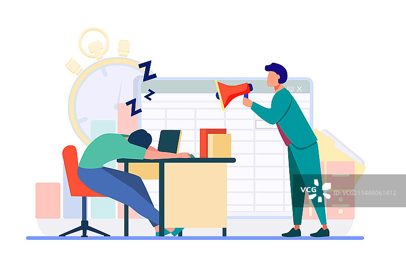 经理用扩音器对着昏昏欲睡的员工喊话图片素材