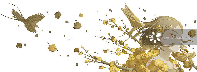 女孩在梅花枝中周围喜鹊飞来图片素材