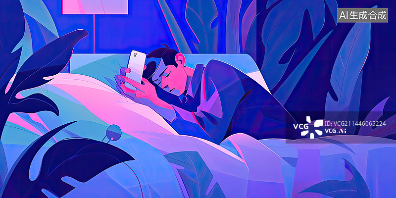 【AI数字艺术】抱着手机睡在床上的男生图片素材