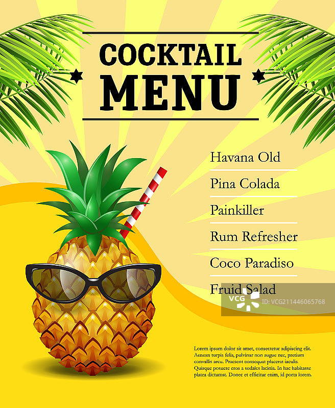 戴墨镜的菠萝鸡尾酒菜单海报图片素材