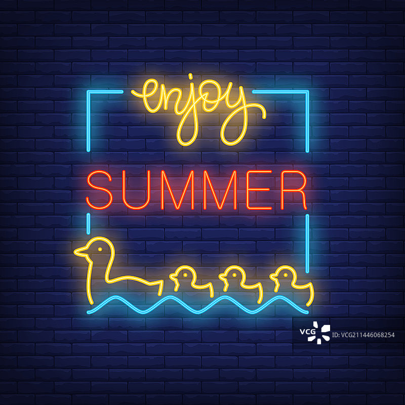 框架中带有游泳鸭的霓虹灯文字，享受夏天图片素材