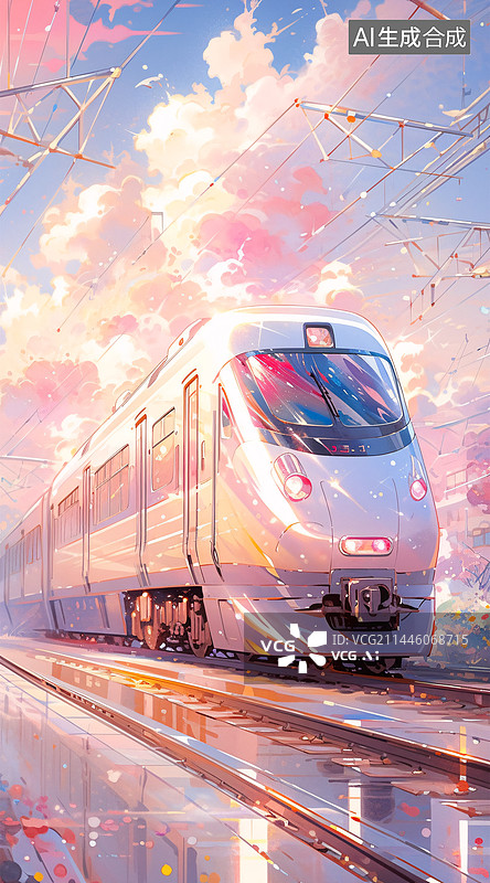 【AI数字艺术】高铁在铁轨上的樱花蓝天白云插画背景图片素材