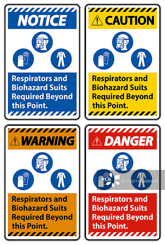 需要呼吸器和生化防护服的个人防护装备警示标志图片素材