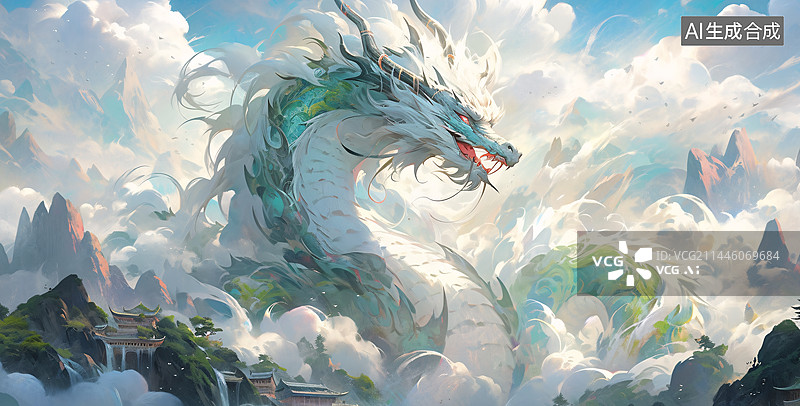 【AI数字艺术】青龙在天上飞插画图片素材