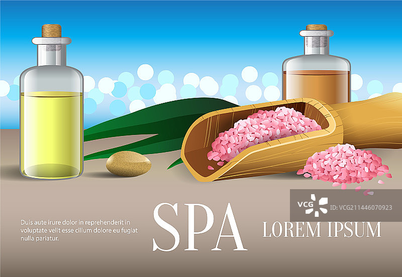 水疗文字、精油瓶与浴盐图片素材