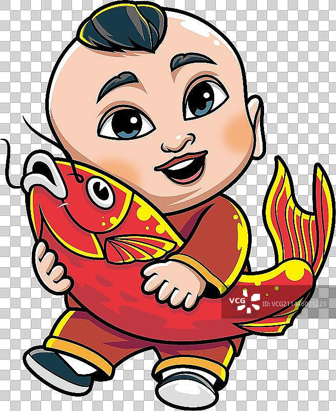年年有鱼，招财童子手捧锦鲤卡通画图片素材