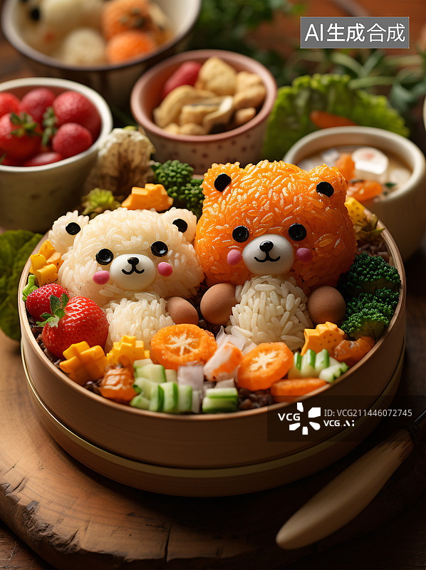 【AI数字艺术】桌上碗里可爱小熊饭团便当的特写镜头图片素材
