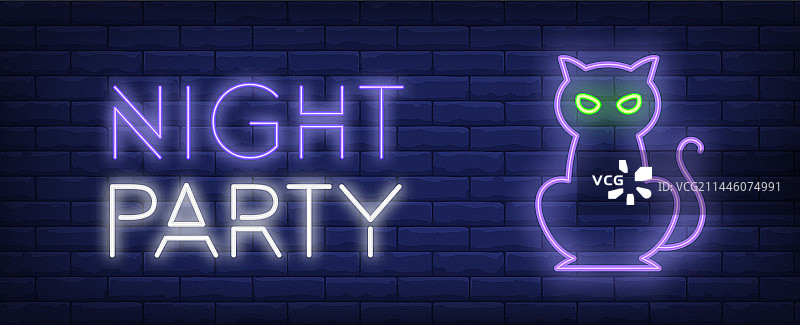 夜间派对霓虹风格banner，砖墙上的猫图片素材