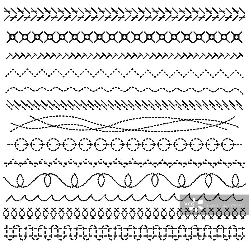 不同的黑色缝合线和接缝合集图片素材