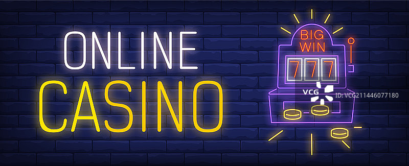 带老虎机的在线赌场霓虹灯标志图片素材