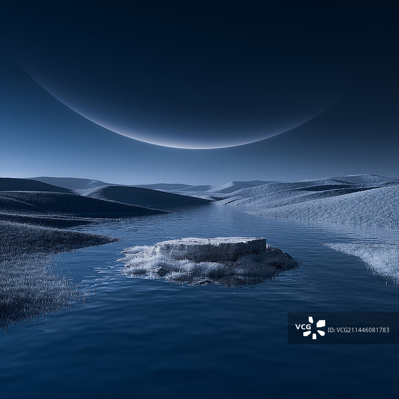 超现实暗色调外星草地水面星球科幻渲染背景图片素材