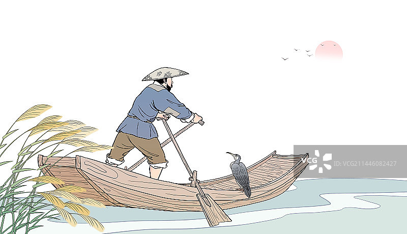 老年的渔翁摇橹划船出河捕鱼新中式风景插画图片素材