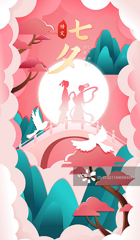 浪漫七夕情人节牛郎织女剪纸风格矢量海报图片素材
