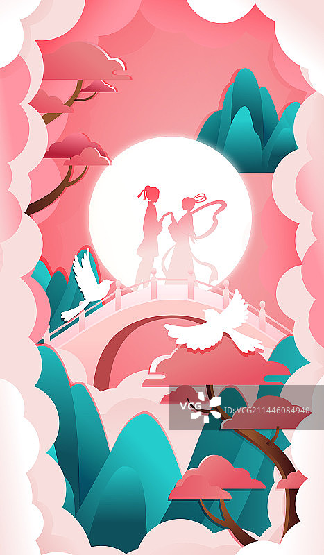 浪漫七夕情人节牛郎织女剪纸风格矢量海报图片素材