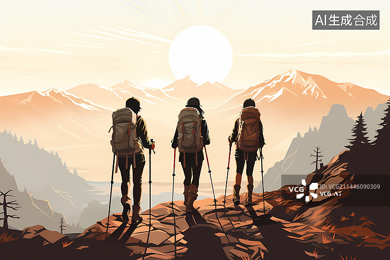 【AI数字艺术】三个背着登山包的人在户外登山图片素材