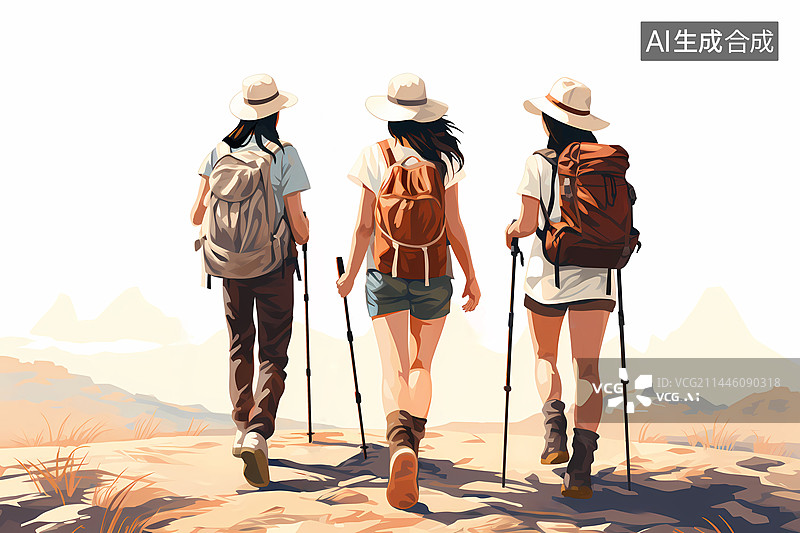 【AI数字艺术】一群女生背包在户外徒步探险插画图片素材