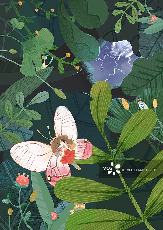 蝴蝶女孩在树叶丛中图片素材