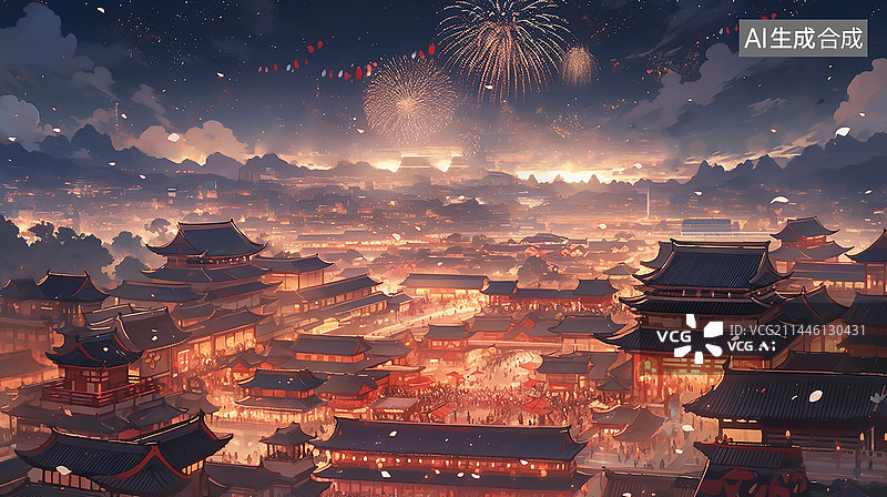 【AI数字艺术】大唐盛世不夜城，古代建筑插画图片素材